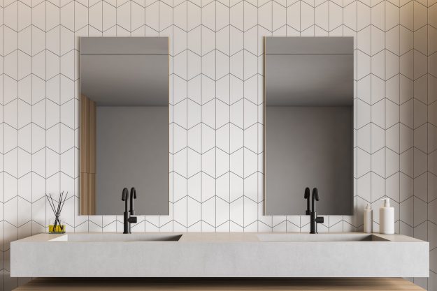 Double,Sink,With,Two,Vertical,Mirrors,Standing,In,Modern,Bathroom Double Sinks